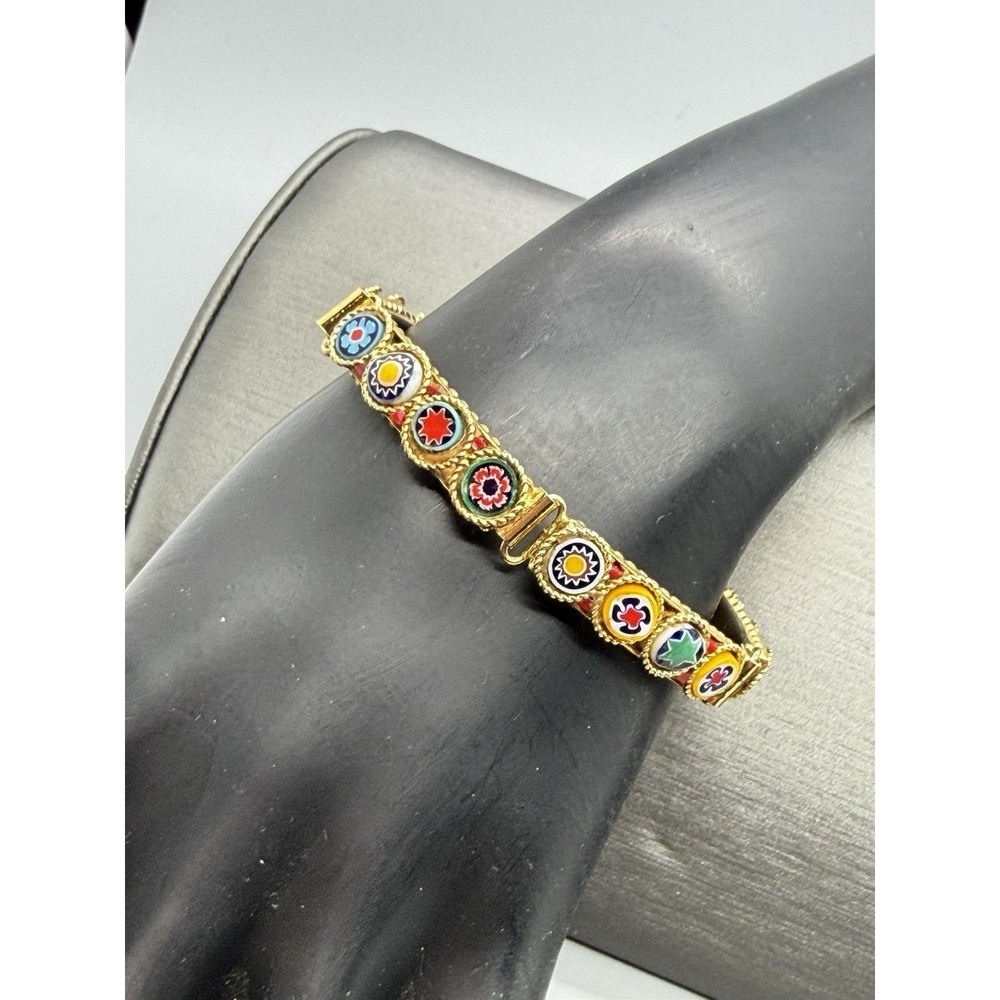 Vintage Micro Mosaic Millefiori Panel Gold Tone Bracelet Multi Color Sz 6 - Picture 3 of 13